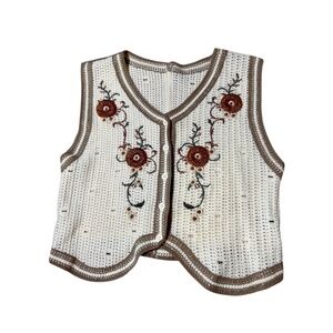 70’s inspired Boho Crochet Vest Buttoned Flower Appliqué - Size M